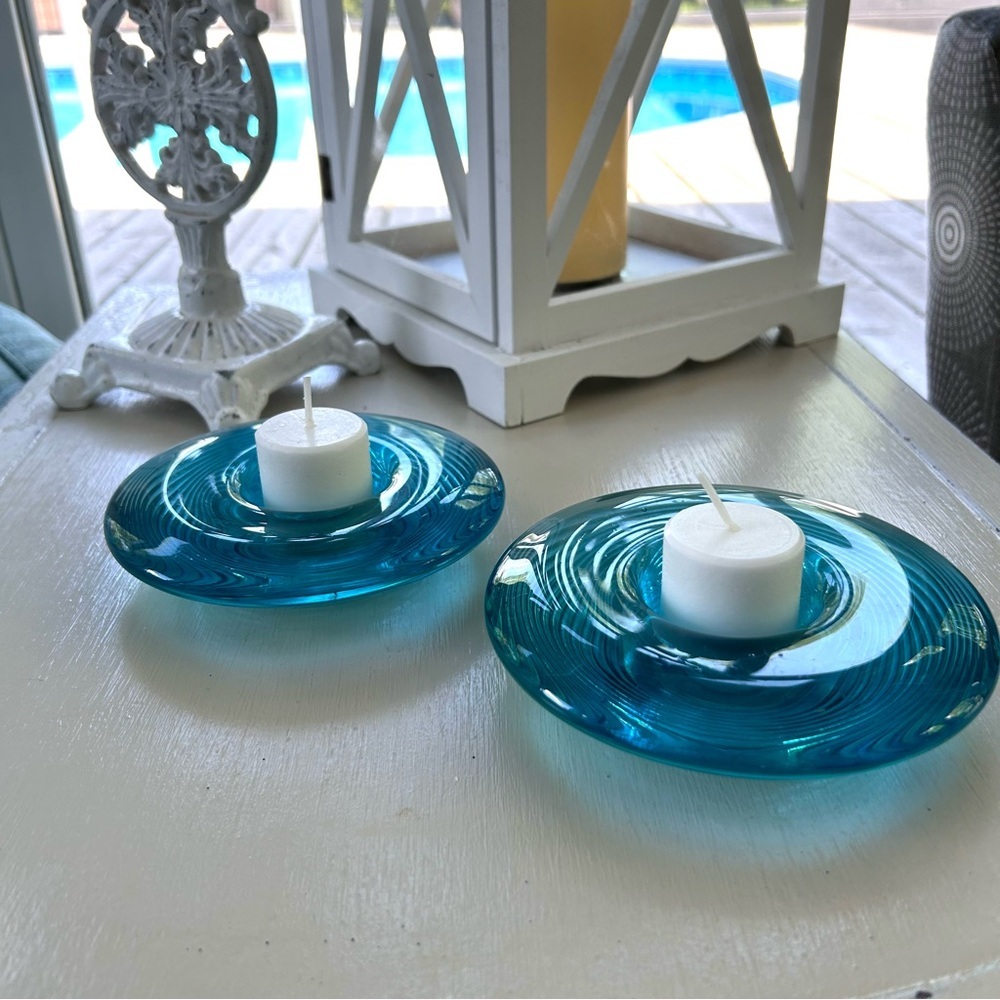 Teal Blue Heavy Ribbed Glass Candle Holders
